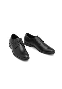 Scarpe eleganti in pelle nera con punta affusolata, design stringato, finitura liscia e accenti minimalisti. Adatte per occasioni formali.