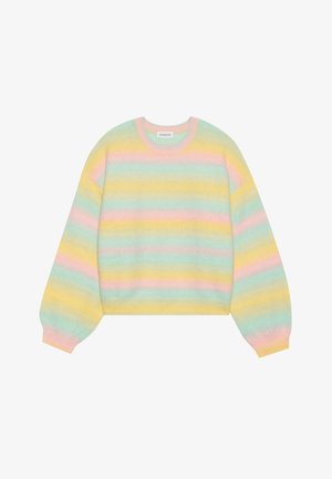 Pasztell csíkos pulóver puha kötött anyagból. Széles ujjak, kerek nyakkivágás és a következő színek jellemzik: menta, rózsaszín, sárga és krémszín.