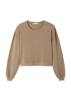 Bēšs īss džemperis no mīksta auduma, ar apaļu kakla izgriezumu, garām piedurknēm un ribotu aproču un apakšmalu. Teksturēts virsējais slānis.