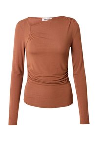 Langärmliges Top in Braun, aus weichem Stoff gefertigt. Verfügt über einen asymmetrischen Ausschnitt, Raffung an der Seite und eine taillierte Silhouette.