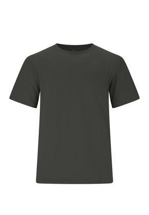 Schlichtes dunkelgraues T-Shirt mit kurzen Ärmeln und Rundhalsausschnitt, Vorderansicht, ohne sichtbare Logos oder Muster.