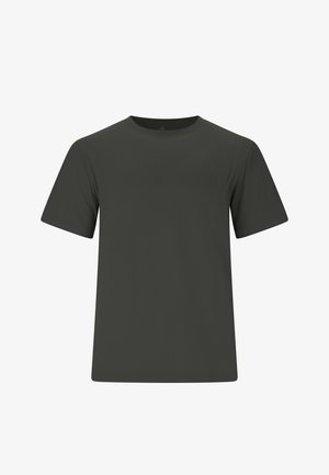 Schlichtes dunkelgraues T-Shirt mit kurzen Ärmeln und Rundhalsausschnitt, Vorderansicht, ohne sichtbare Logos oder Muster.