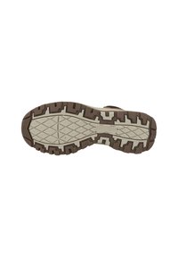 Suela de zapato de goma marrón con un diseño texturizado que presenta patrones hexagonales y triangulares. Logotipo mostrado en el centro de la suela.