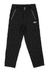 Svarta cargobyxor tillverkade av lätt material med elastisk midja, dragkedjefickor framtill och sidostygn.