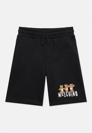 Shorts noirs avec taille élastique et cordon de serrage, ornés de trois petits ours en peluche et du texte "Moschino" sur la jambe gauche.