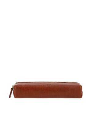 Brown leather pencil case with a smooth texture, zip closure, and a subtle logo embossed on the side. Rectangular shape, slim design.