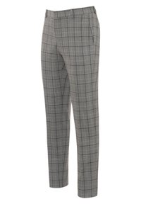 Graue karierten Hosen mit tailliertem Schnitt, die markante schwarze Karomuster, eine glatte Stoffoberfläche und seitliche Taschen aufweisen.