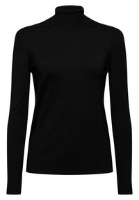 Zwarte coltrui gemaakt van zachte gebreide stof. Getailleerde pasvorm met lange mouwen en geribbelde accenten bij de kraag en manchetten, met een gladde textuur.