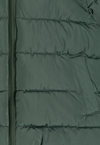 Groene pufferjas met gestikte delen, een centrale ritssluiting en een zijzak. De stof is glad met een matte afwerking.