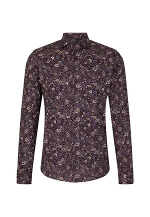 Floral button-up shirt in dark purple, featuring an intricate pattern of white, blue, and beige flowers. Long sleeves with button cuffs.