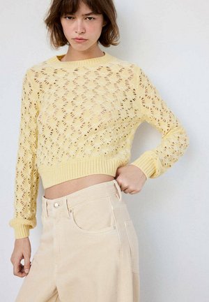 Joven mujer con el pelo corto y castaño, vestida con un suéter corto amarillo de punto de ganchillo y pantalones de talle alto de color beige claro, sobre un fondo liso.