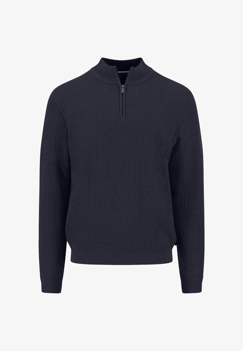 Maglione in maglia blu navy con colletto alto con cerniera, motivo strutturato, maniche lunghe e polsini e orlo a coste.