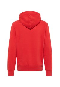 Czerwona bluza z kapturem i długimi rękawami, z ściągaczami na nadgarstkach i w talii, pokazana od tyłu na białym tle.