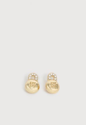Pendientes de botón de DKNY en forma de candado con acabado en tono dorado y detalles de cristal en el arco del candado.
