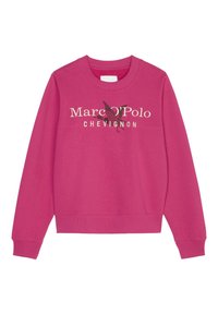 Sudadera fucsia con cuello redondo, puños y dobladillo acanalados. Presenta texto "Marc O'Polo" y "CHEVIGNON" en colores contrastantes y un gráfico de pájaro.