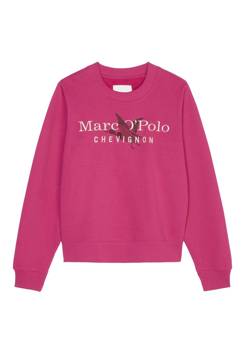 Sudadera fucsia con cuello redondo, puños y dobladillo acanalados. Presenta texto "Marc O'Polo" y "CHEVIGNON" en colores contrastantes y un gráfico de pájaro.