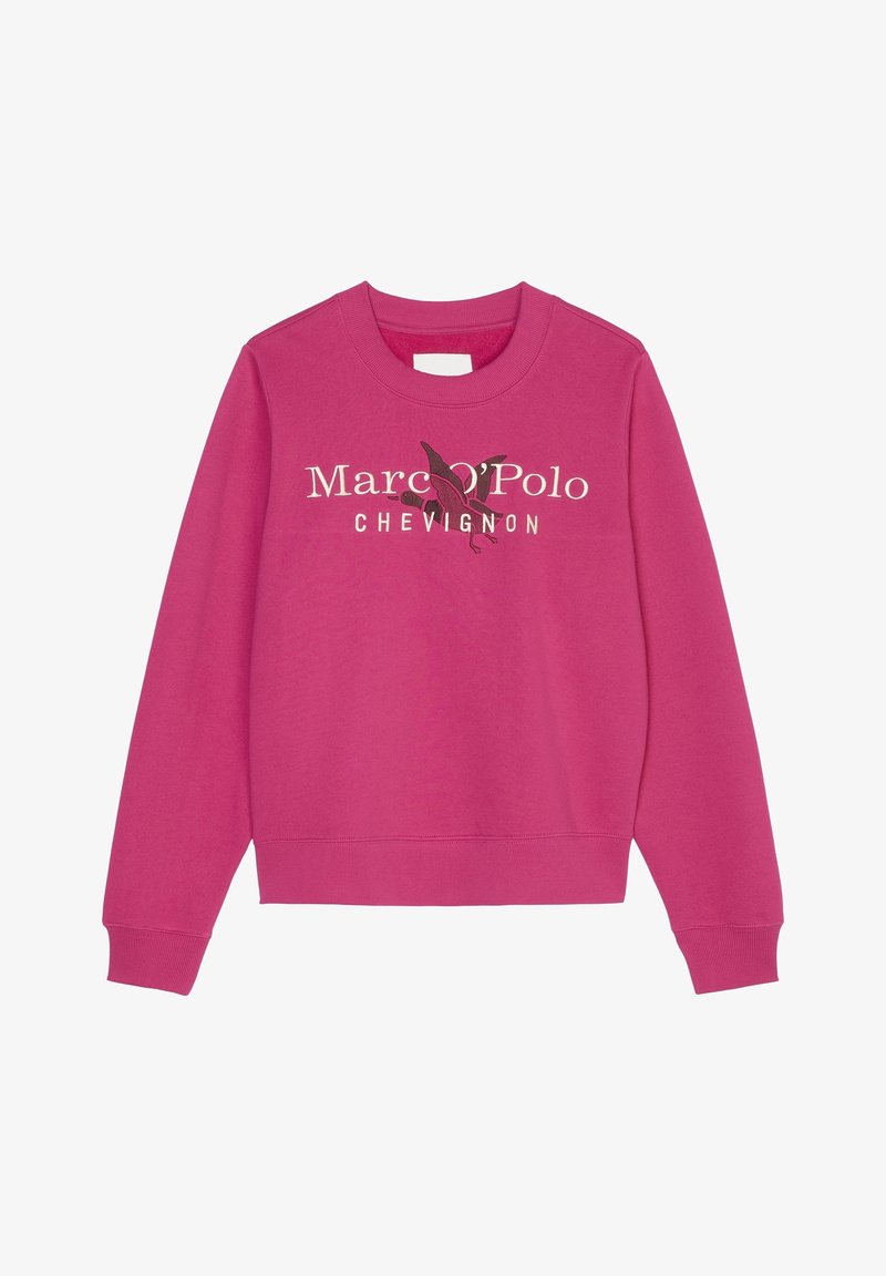 Fuksia sweatshirt dengan leher bulat, manset bertekstur, dan hem. Menampilkan teks "Marc O'Polo" dan "CHEVIGNON" dalam warna kontras serta grafik burung.