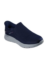 Navy slip-on athletic shoes made of breathable mesh, featuring a textured fabric upper, cushioned sole, and minimalistic design with gray accents.