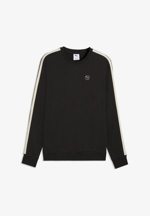 Schwarzes Puma Sweatshirt mit langen Ärmeln, weißen Streifen an den Ärmeln und kleinem weißen Puma-Logo auf der linken Brust.