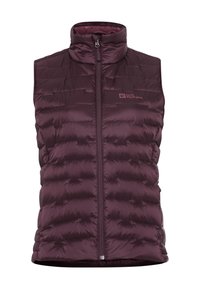 Bordeaux geïsoleerd vest met hoge kraag, ritsluiting en gestikt ontwerp. Beschikt over een logo op de borst en een lichte, gladde textuur.