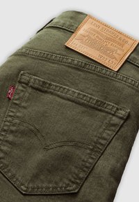 Pantaloni in denim verde oliva con tasca posteriore con dettagli curve cuciti. Include una patch in pelle marrone con logo in rilievo.