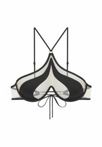 Black bra with sheer mesh and structured cups, featuring adjustable straps, a tie closure at the front, and a smooth, curved design.