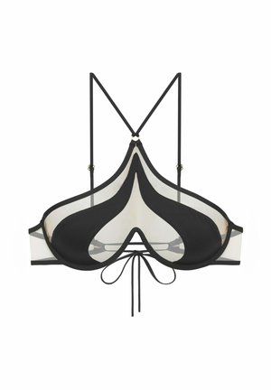 Black bra with sheer mesh and structured cups, featuring adjustable straps, a tie closure at the front, and a smooth, curved design.