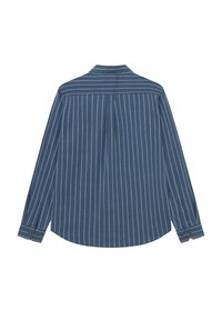 Μπλε ριγέ πουκάμισο με μακριά μανίκια και γιακά, πίσω πλυσίματα και κουμπωτές μανσέτες. Διαθέτει κάθετες λευκές ρίγες σε υφή υφάσματος.