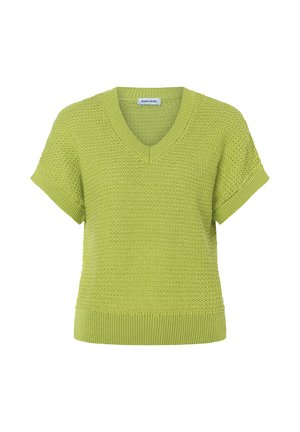 Hellgrüner, kurzärmeliger, gestrickter Pullover mit V-Ausschnitt und strukturiertem Muster, mit geripptem Kragen, Bündchen und Saum.