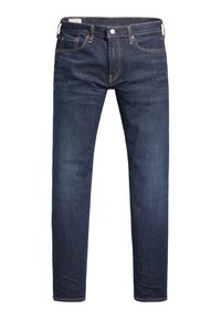 Jean slim en denim bleu foncé avec cinq poches, fermeture par boutons et coutures contrastantes visibles.