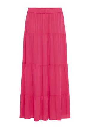 Jupe longue rose fluide à volants avec une ceinture élastique et un tissu léger, conçue pour un confort optimal.