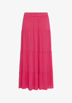 Jupe longue rose fluide à volants avec une ceinture élastique et un tissu léger, conçue pour un confort optimal.