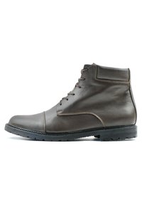 Braune Leder-Stiefeletten mit glatter Textur, runder Zehenform, Schnürdesign und kontrastierender Gummisohle. Verfügt über dezente Nähte.