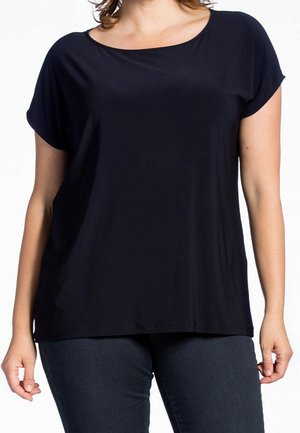 Schwarzes Kurzarmoberteil aus glatter, leichter Stoffqualität. Rundhalsausschnitt und lockere Passform, mit minimalen Nähten und geradem Saum.