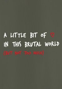 Tekstuele kunst op een donkergroene achtergrond. Bevat witte en rode geborduurde tekst met een hartsymbool, die een speelse boodschap uitdrukt.