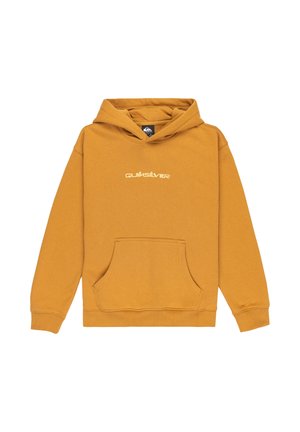Hoodie jaune moutarde en tissu mélangé coton. Dispose d'une poche frontale et d'un texte logo blanc sur la poitrine. Capuche ajustable avec cordon.