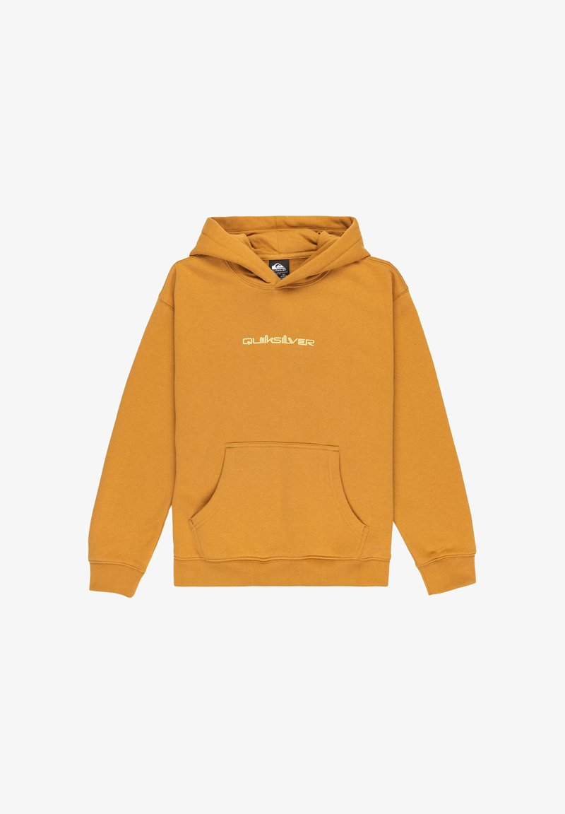 Horčicovožltá mikina vyrobená z kombinácie bavlny. Obsahuje predné vrecko a biele logo na hrudi. Kapucňa s nastaviteľným šnúrkou.