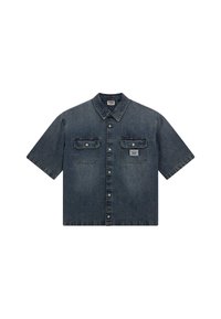 Korte mouwen denim shirt in donkerblauw met knoopsluiting, twee borstzakken en een kraag. De shirt heeft stiksels en een merketiket.