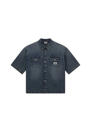 Short-sleeve denim shirt in dark blue with button front, two chest pockets, and a collar. Features stitching accents and brand label.