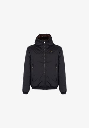 Czarna ocieplana kurtka z kapturem, z zamkiem z przodu, dwoma bocznymi kieszeniami i elastycznymi mankietami. Podszewka ma kontrastowy brązowy kolor.