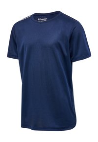 T-shirt à manches courtes bleu marine en tissu texturé. Avec un col rond et un logo discret sur l'épaule. Coupe décontractée.