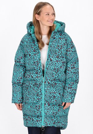 Türkiser Puffer-Mantel mit einem Leopardenmuster in Schwarz und Pink. Verfügt über eine Kapuze, einen Reißverschluss und zwei Fronttaschen.