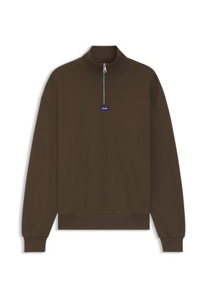 Brown zip-up sweatshirt with a high collar, ribbed cuffs and hem, featuring a small blue logo on the front. Smooth, soft fabric texture.