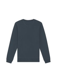 Dunkelblaues Baumwoll-Sweatshirt, Rundhalsausschnitt, lange Ärmel, gerippte Bündchen und Saum, glatte Textur, keine Muster oder sichtbaren Logos.