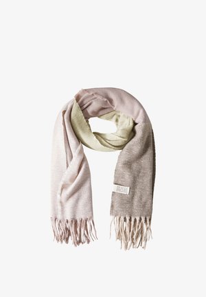 Übergroßer Schal in einem Farbverlauf von Pink, Grün und Beige. Weicher Stoff mit Fransenrand. Angehängtes Etikett mit Pflegehinweisen.