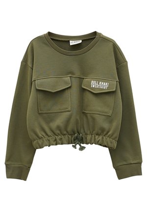 Mattes khakifarbenes kurz geschnittenes Sweatshirt aus weichem Stoff, mit zwei Vorderfach-Taschen, einem Kordelzug am Saum und gerippten Bündchen.