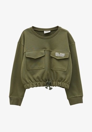 Sudadera corta en tono caqui apagado, confeccionada con tela suave, que cuenta con dos bolsillos frontales, un dobladillo con cordón ajustable y puños acanalados.