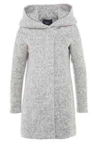 Long manteau en laine texturée gris clair avec capuche attachée, manches longues et fermeture avant dissimulée.