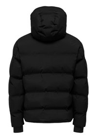 Black puffer jacket with a detachable hood, featuring a quilted design and elastic cuffs. Material has a smooth, matte texture.