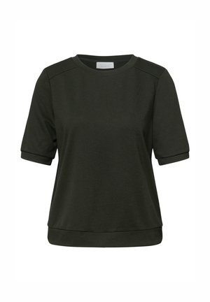 Tmavě zelené tričko s krátkými rukávy, kulatým výstřihem, složenými lemy rukávů a rovnou spodní hranou.